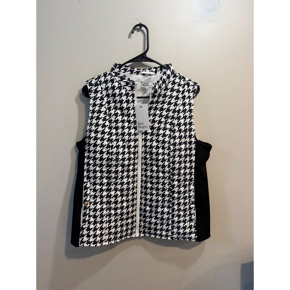 Kim Rogers Womens Petite PM Black Houndstooth‎ Quilted Vest Zip Front New